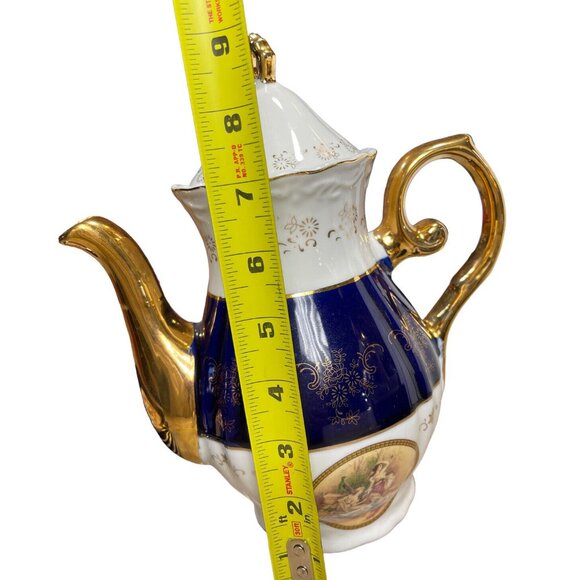 Vtg Italian Design Victorian Teapot Creamer Sugar Fine Porcelain Blue White Gold - Picture 8 of 12
